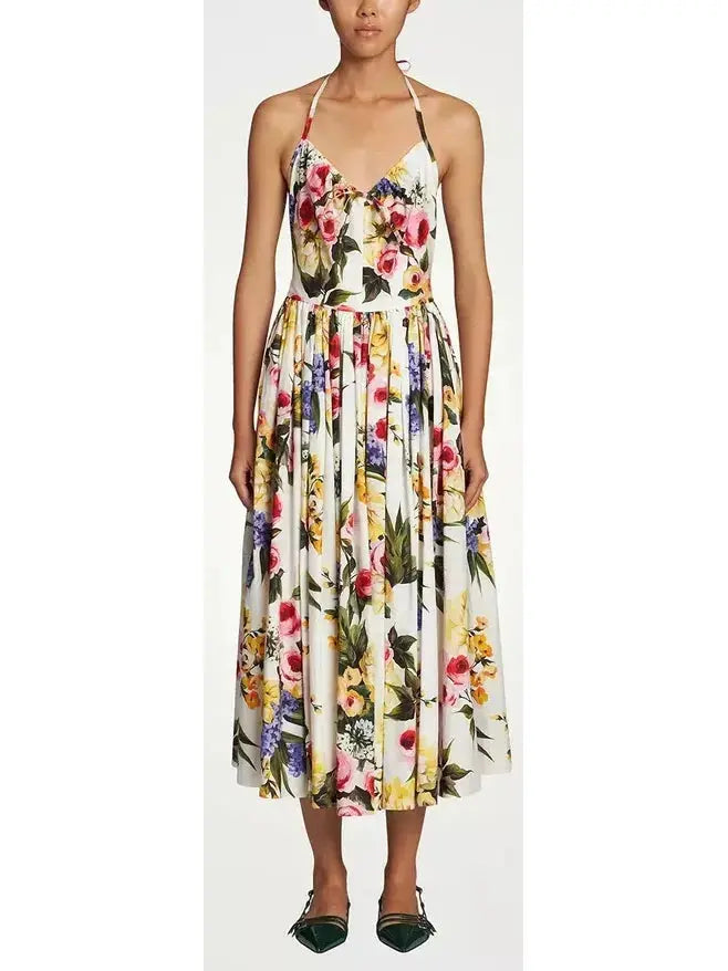 Garden Floral Print Pleated Cotton Poplin A-Line Dress - Branna Couture