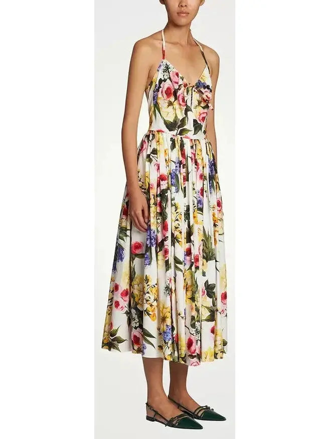 Garden Floral Print Pleated Cotton Poplin A-Line Dress - Branna Couture