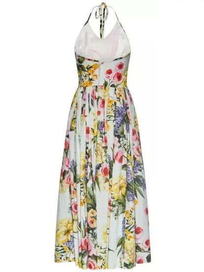 Garden Floral Print Pleated Cotton Poplin A-Line Dress - Branna Couture