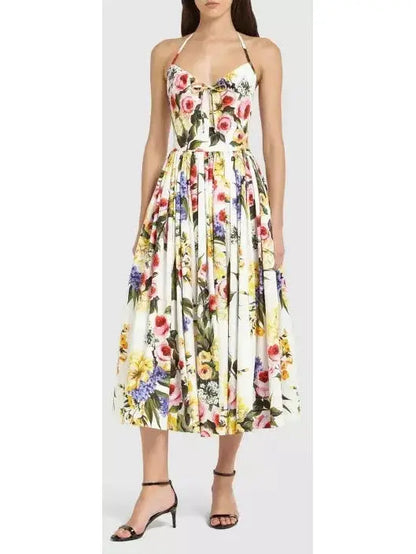 Garden Floral Print Pleated Cotton Poplin A-Line Dress - Branna Couture