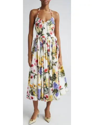 Garden Floral Print Pleated Cotton Poplin A-Line Dress - Branna Couture