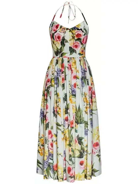 Garden Floral Print Pleated Cotton Poplin A-Line Dress - Branna Couture