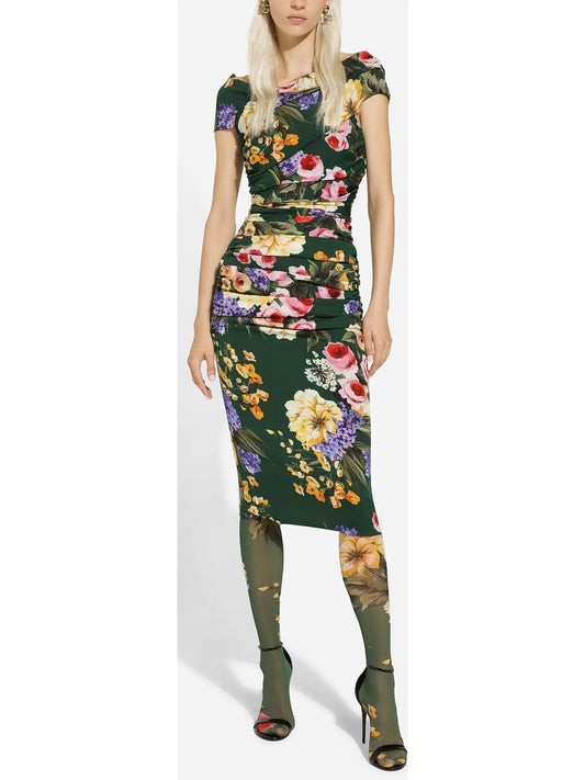 Garden Print Charmeuse Draped Sheath Dress - Branna Couture