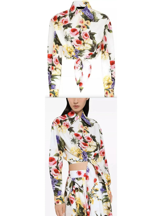 Garden Print Cropped Knotted Shirt - Branna Couture