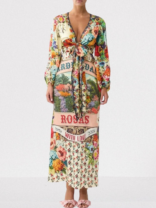 Garden Print Silk Charmeuse Blouson-Sleeve Dress - S - Dresses