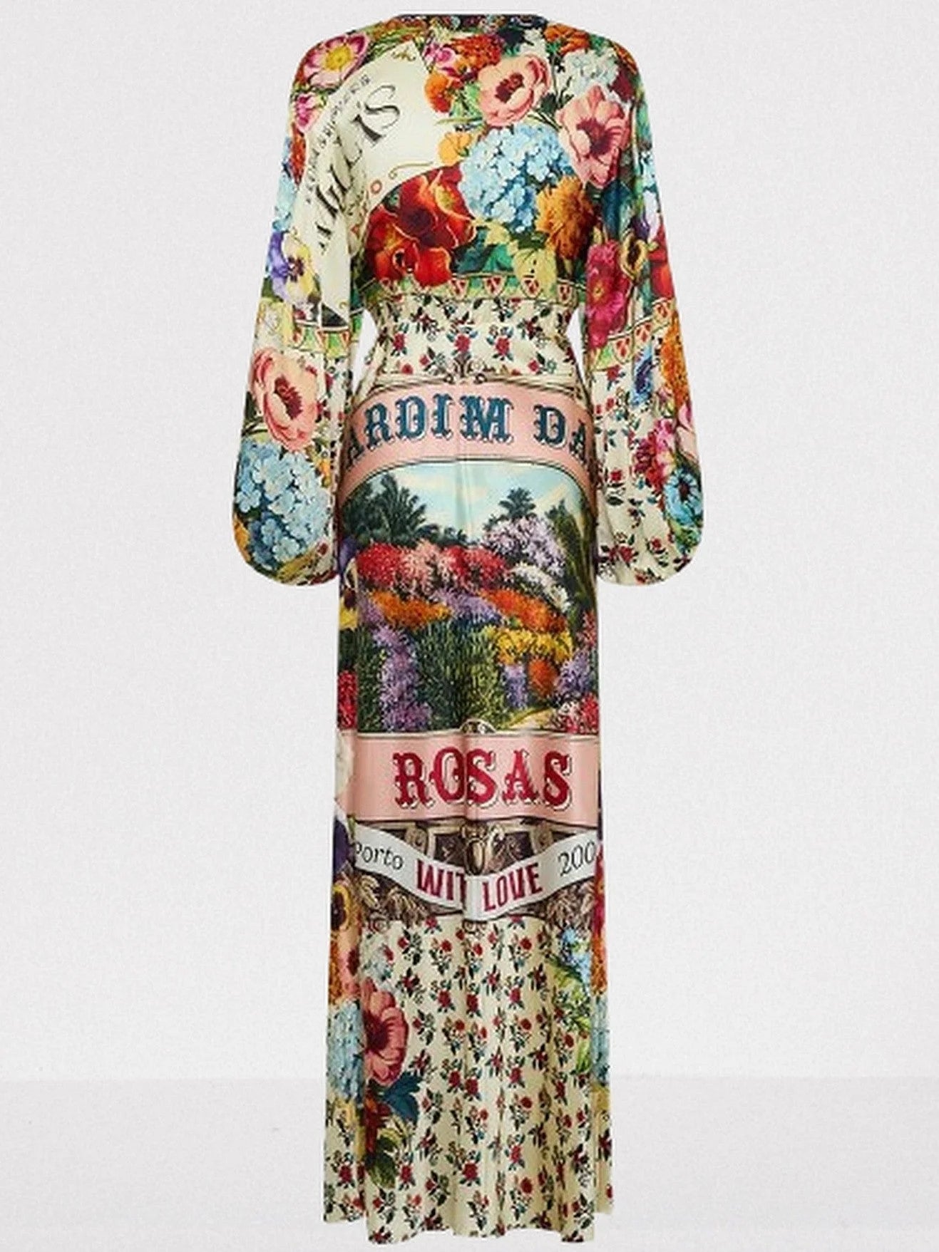 Garden Print Silk Charmeuse Blouson-Sleeve Dress - Dresses