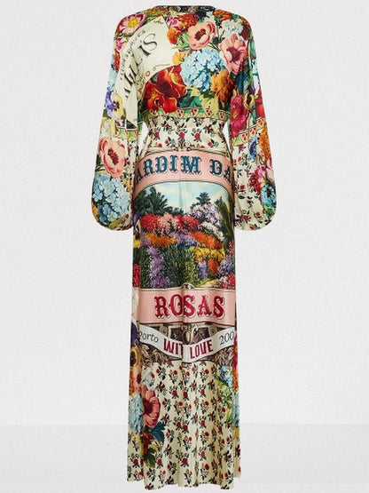 Garden Print Silk Charmeuse Blouson-Sleeve Dress - Dresses