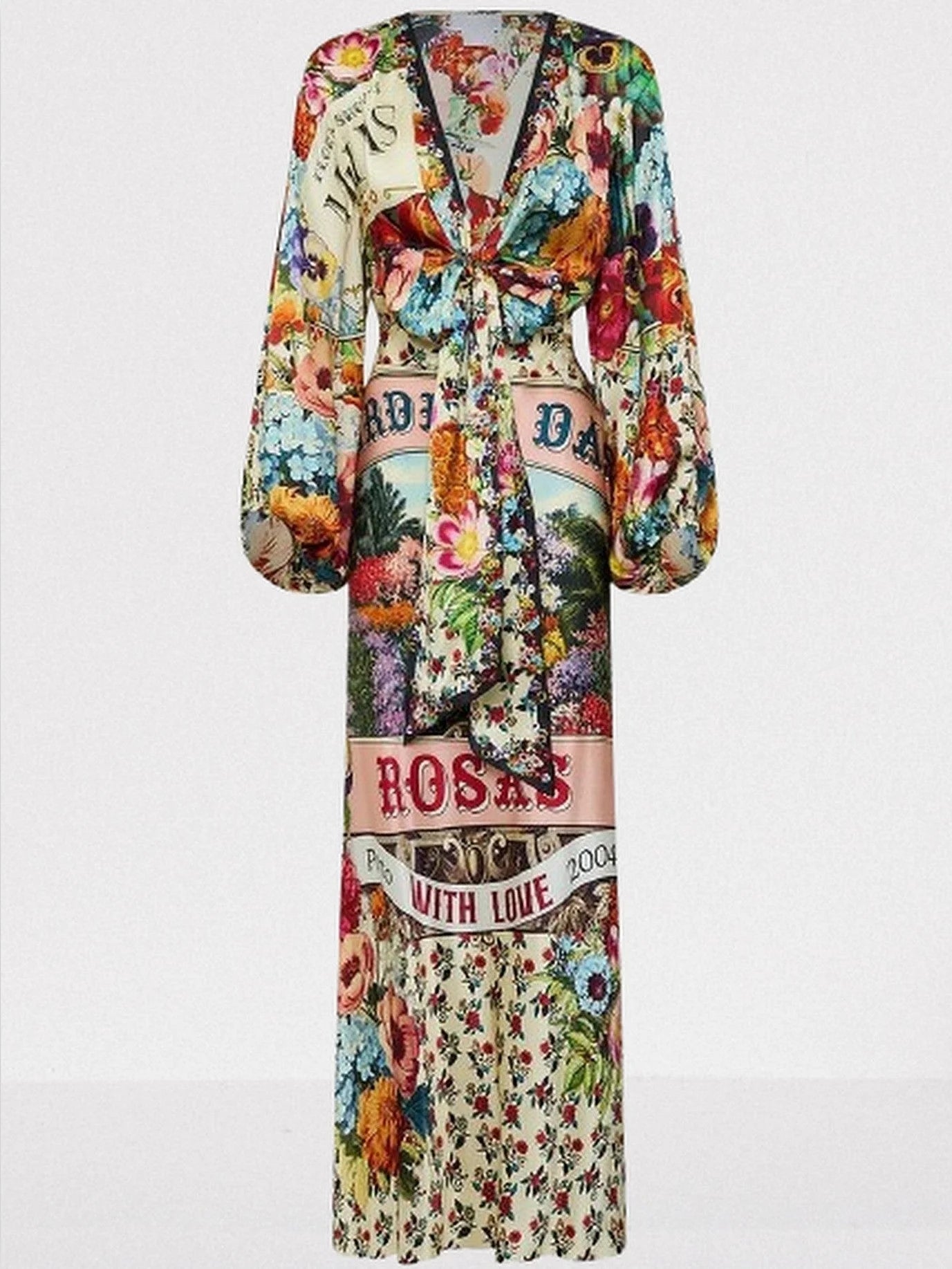 Garden Print Silk Charmeuse Blouson-Sleeve Dress - Dresses