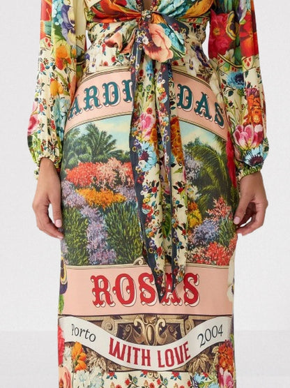 Garden Print Silk Charmeuse Blouson-Sleeve Dress - Dresses