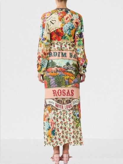 Garden Print Silk Charmeuse Blouson-Sleeve Dress - Dresses