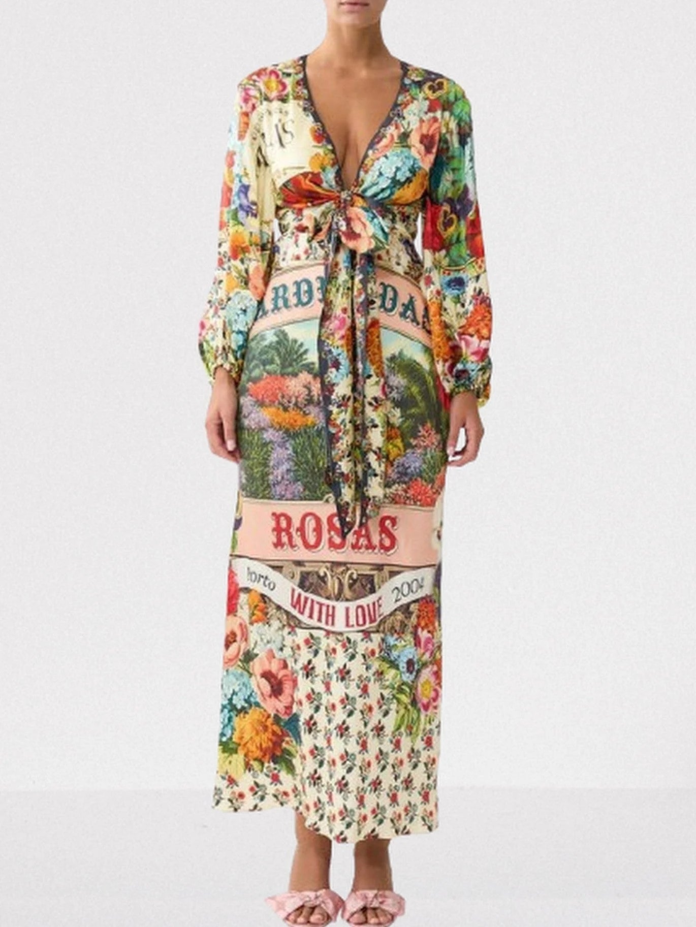 Garden Print Silk Charmeuse Blouson-Sleeve Dress - Dresses