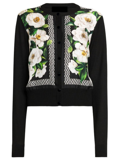 Gardenia Print Silk and Wool Cardigan Sweater - Sweaters & Knitwear