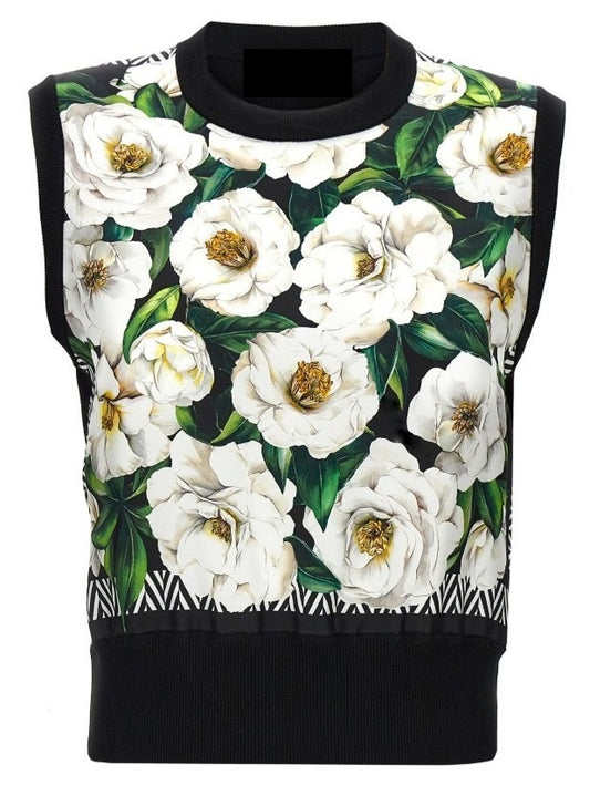 Gardenia Print Silk and Wool Sleeveless Sweater