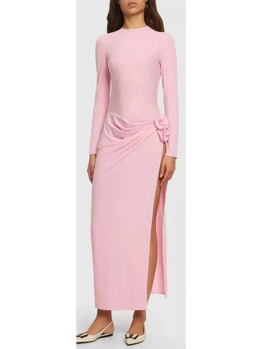 Gathered Long Sleeve Maxi Dress in Pink - Branna Couture