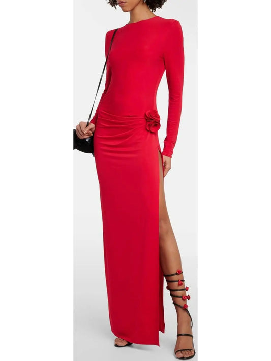 Gathered Long Sleeve Maxi Dress in Red - Branna Couture