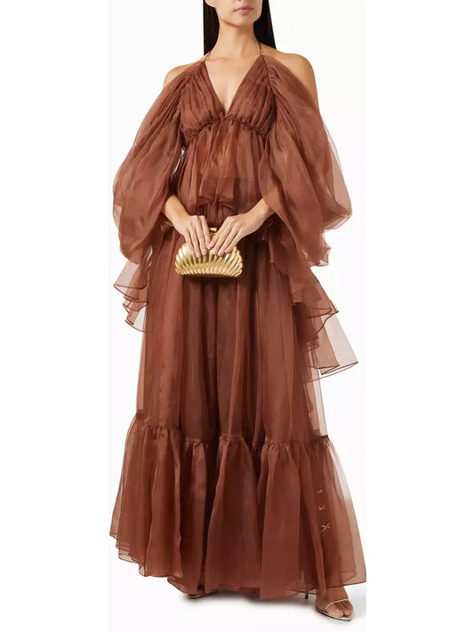 Gathered Silk Organza Top and Skirt Set in Toffee - Branna Couture