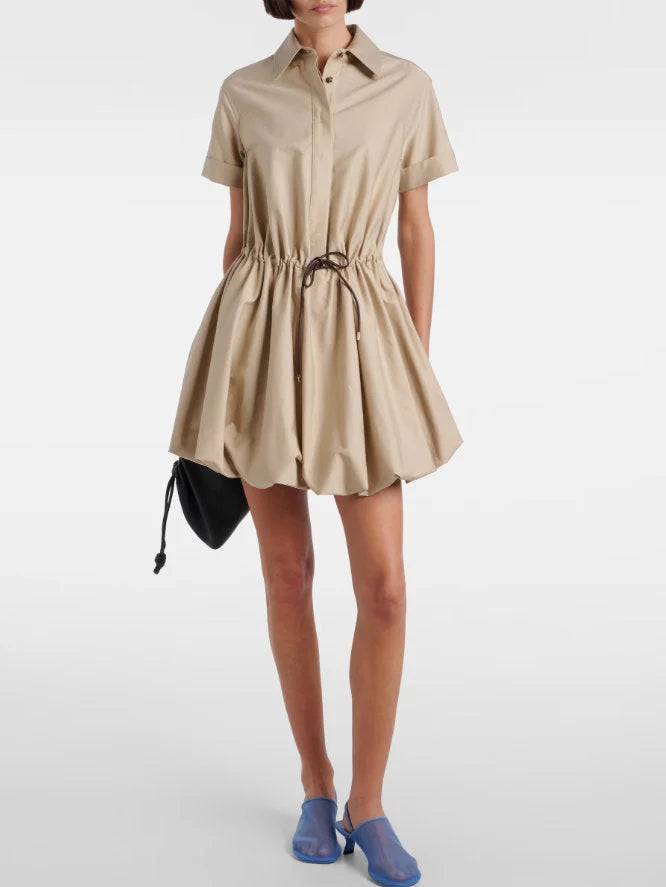 Gathered Cotton Mini Shirt Dress with Drawstring - Small - Dresses