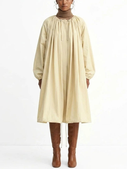 Gathered Drawstring Parachute Coat - Small / Light Beige - Coats