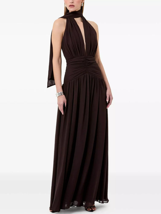 Gathered Halter Maxi Dress in Brown - XS - Dresses
