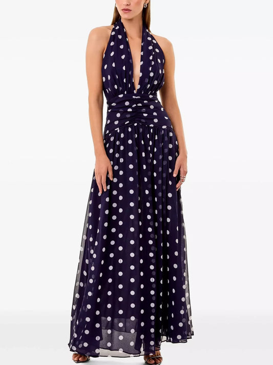 Gathered Halter Maxi Dress in Polka Dot Print - XS - Dresses