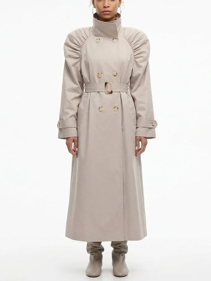 Gathered Shoulder Belted Long Trench Coat - Small - Coats