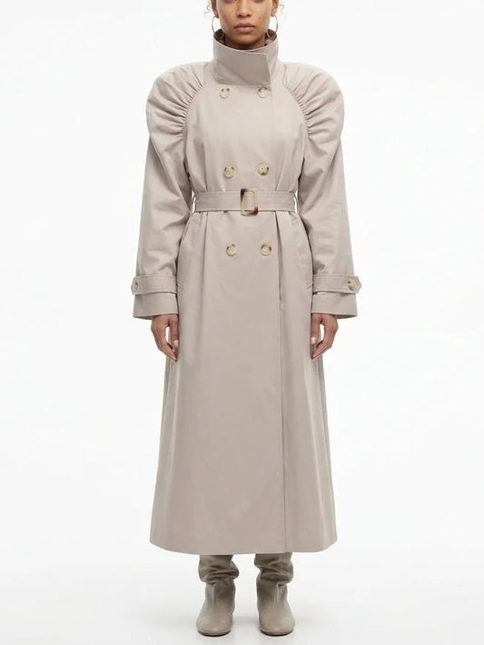 Gathered Shoulder Belted Long Trench Coat - Small - Coats