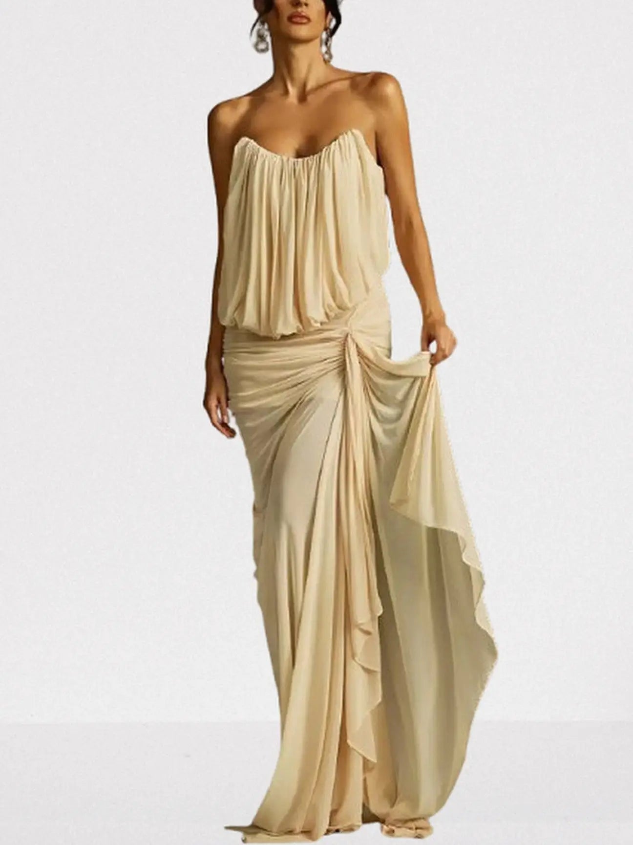 Gathered Sleeveless Draped Gown in Light Beige - S - Dresses