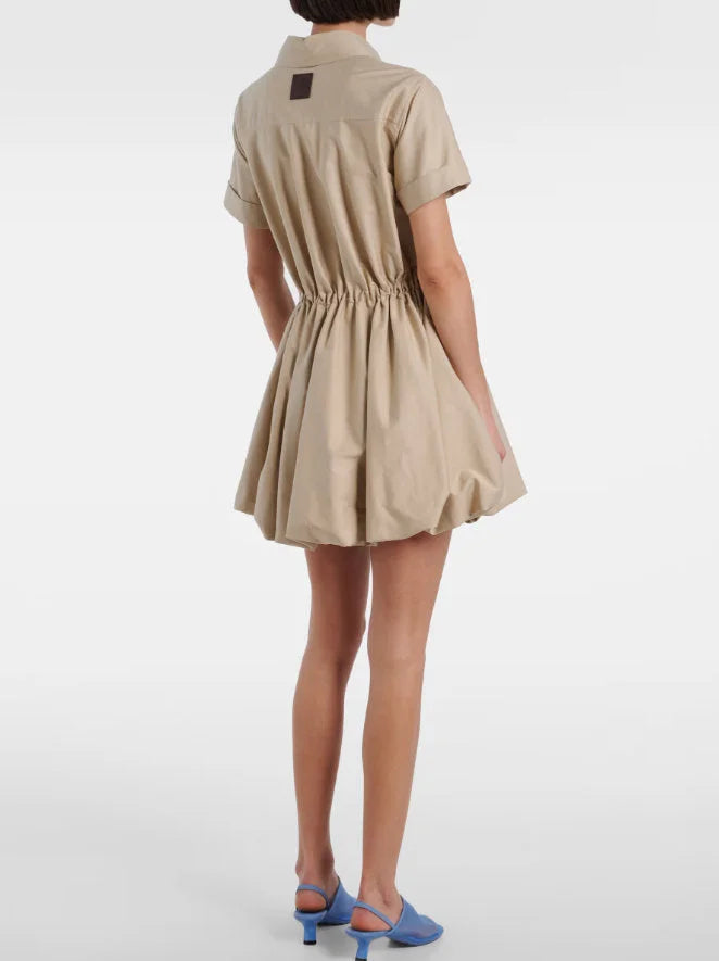 Gathered Cotton Mini Shirt Dress with Drawstring - Dresses