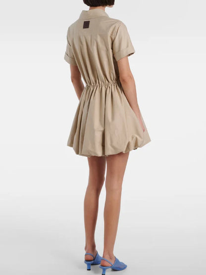 Gathered Cotton Mini Shirt Dress with Drawstring - Dresses