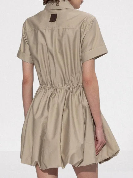 Gathered Cotton Mini Shirt Dress with Drawstring - Dresses