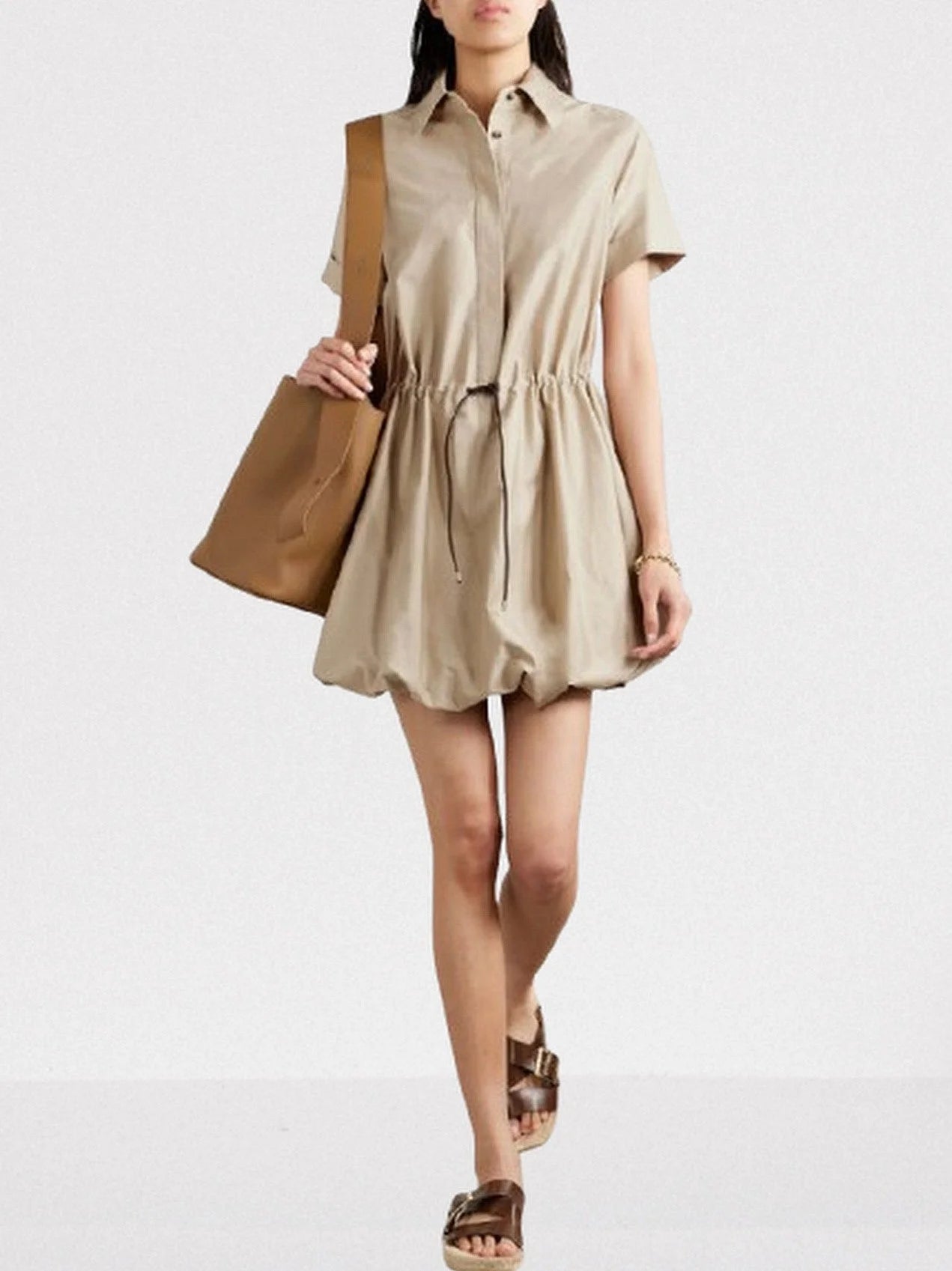 Gathered Cotton Mini Shirt Dress with Drawstring - Dresses
