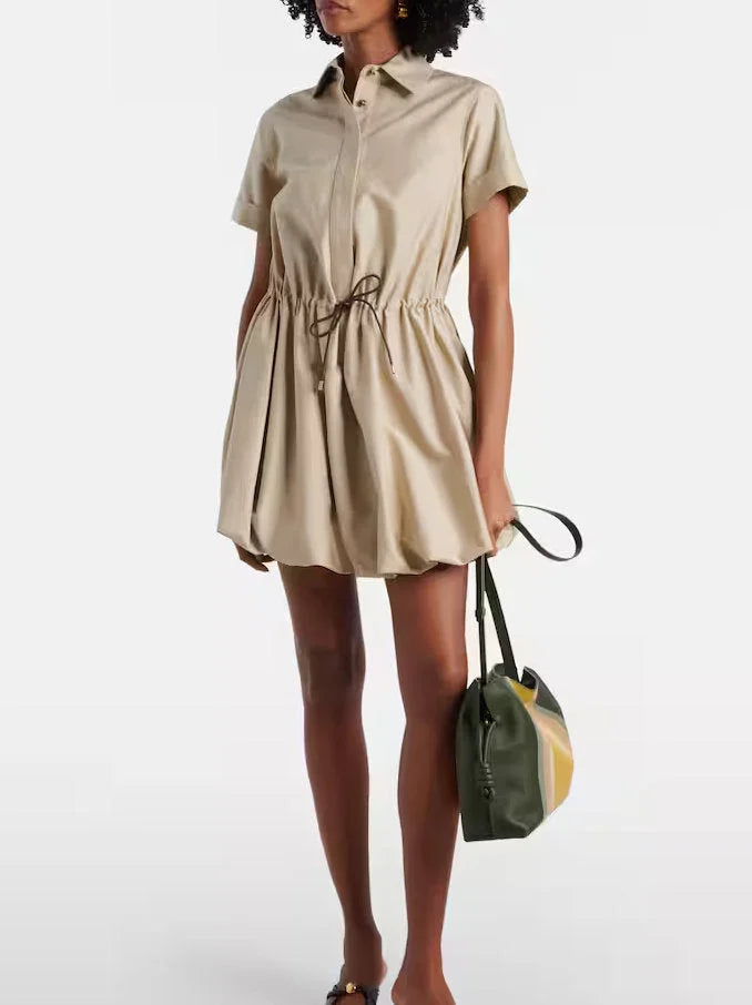 Gathered Cotton Mini Shirt Dress with Drawstring - Dresses