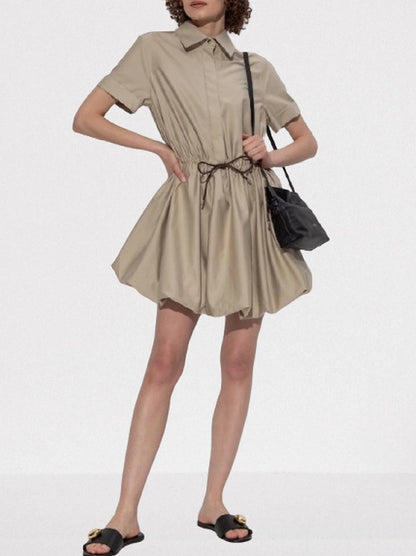 Gathered Cotton Mini Shirt Dress with Drawstring - Dresses
