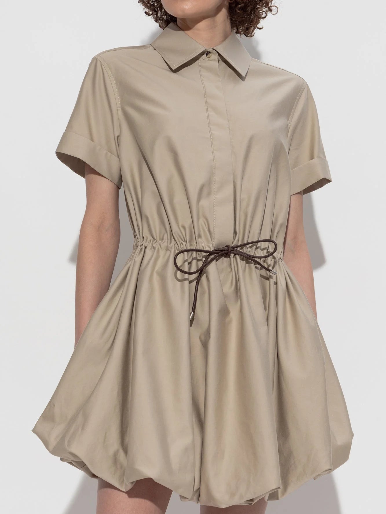 Gathered Cotton Mini Shirt Dress with Drawstring - Dresses