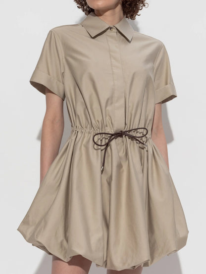 Gathered Cotton Mini Shirt Dress with Drawstring - Dresses