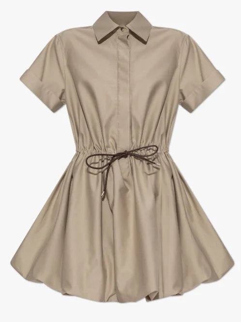 Gathered Cotton Mini Shirt Dress with Drawstring - Dresses