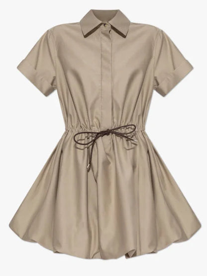 Gathered Cotton Mini Shirt Dress with Drawstring - Dresses