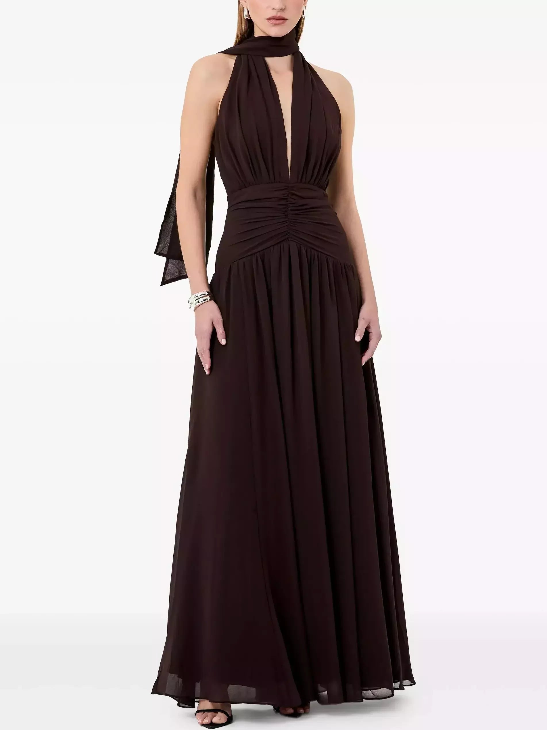 Gathered Halter Maxi Dress in Brown - Dresses