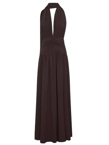 Gathered Halter Maxi Dress in Brown - Dresses