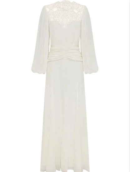 Gathered Maxi Dress with Lace and Balloon-Sleeves - Dresses