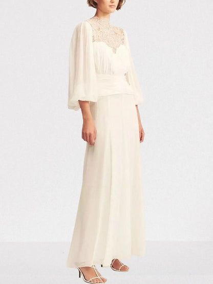 Gathered Maxi Dress with Lace and Balloon-Sleeves - Dresses