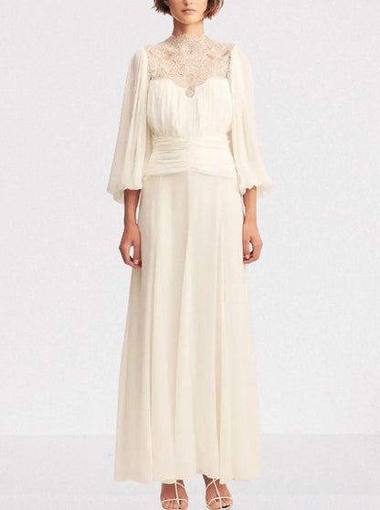 Gathered Maxi Dress with Lace and Balloon-Sleeves - Dresses
