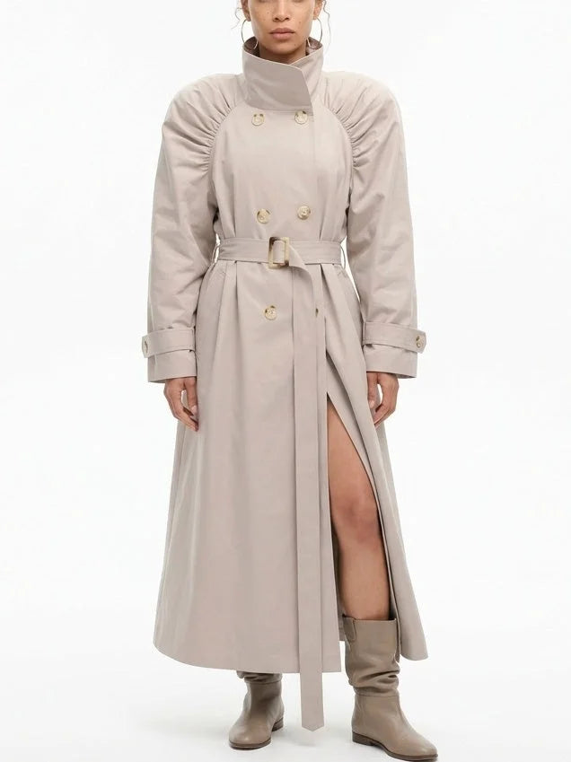 Gathered Shoulder Belted Long Trench Coat - Coats