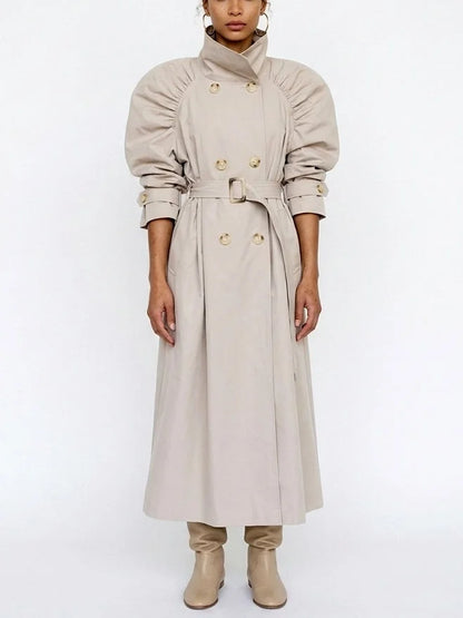 Gathered Shoulder Belted Long Trench Coat - Coats