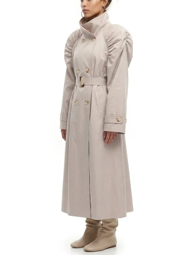 Gathered Shoulder Belted Long Trench Coat - Coats