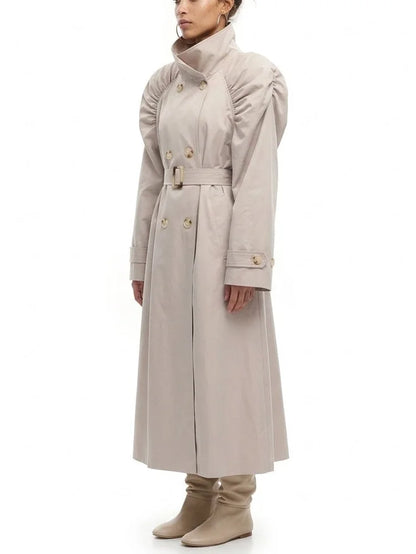 Gathered Shoulder Belted Long Trench Coat - Coats