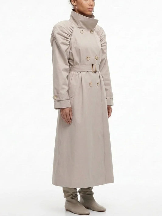 Gathered Shoulder Belted Long Trench Coat - Coats