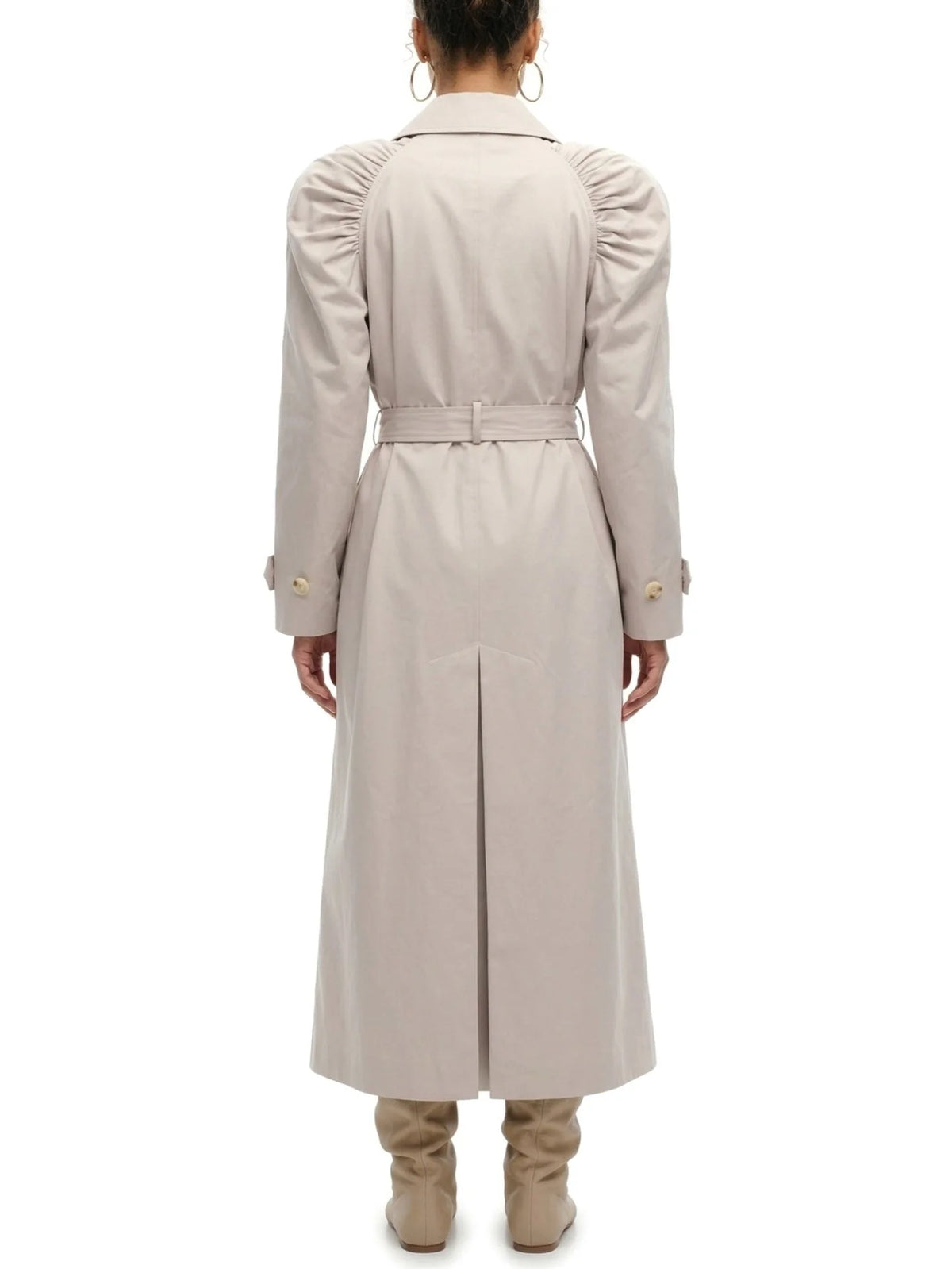 Gathered Shoulder Belted Long Trench Coat - Coats