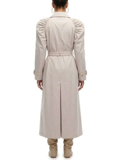 Gathered Shoulder Belted Long Trench Coat - Coats