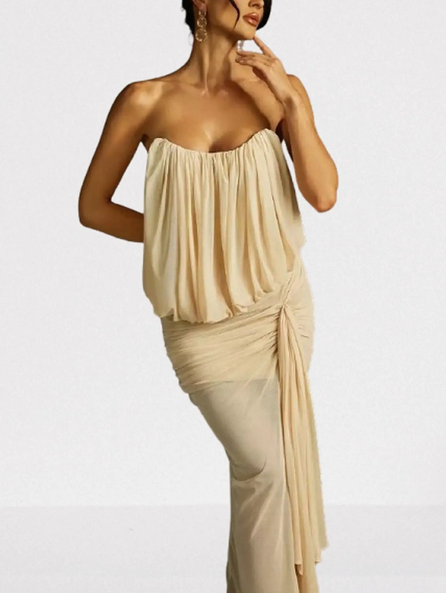 Gathered Sleeveless Draped Gown in Light Beige - Dresses
